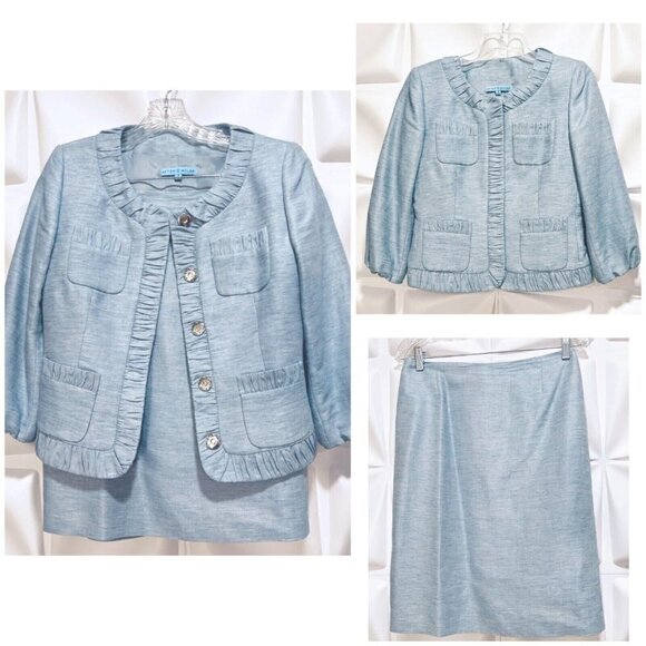 Antonio Melani Sz 4 Blue Linen Blend Ruffled Blazer Jacket Skirt Suit 2pc - Picture 1 of 9